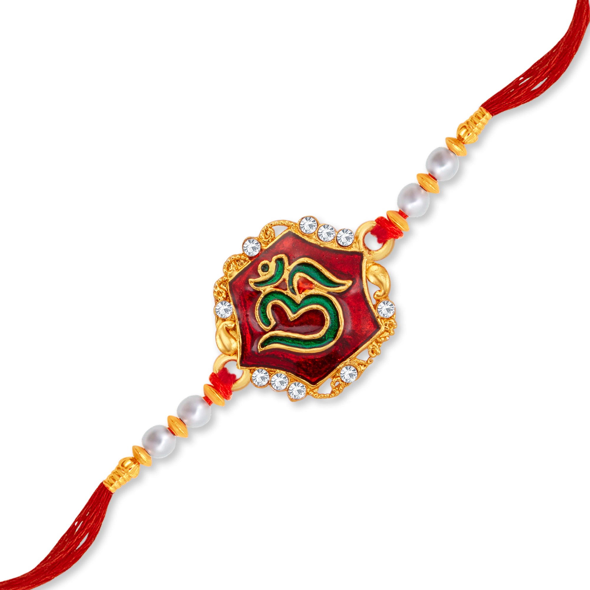 Sukkhi Fashionable Gold Plated OM Meenakari Rakhi with Roli Chawal and Raksha Bandhan Greeting Card For Men