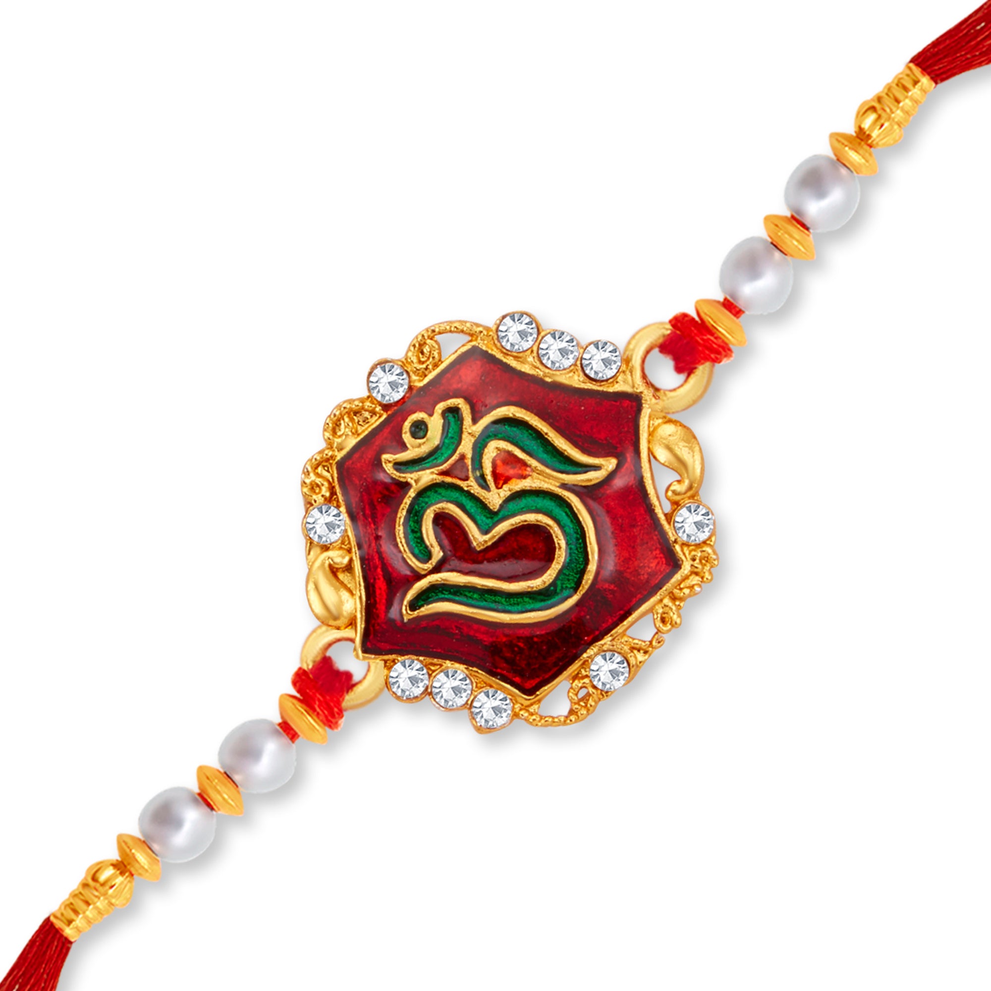 Sukkhi Fashionable Gold Plated OM Meenakari Rakhi with Roli Chawal and Raksha Bandhan Greeting Card For Men