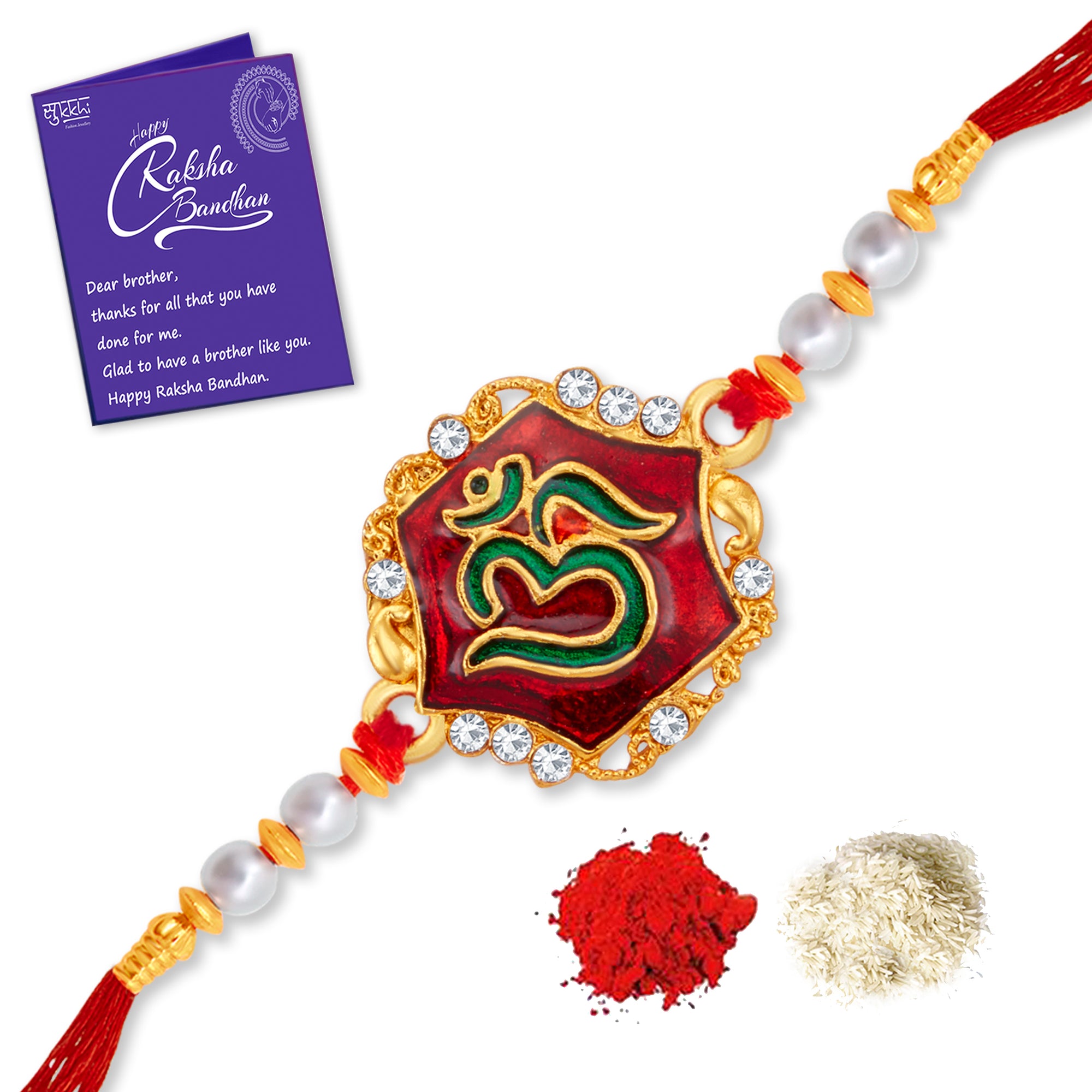 Sukkhi Fashionable Gold Plated OM Meenakari Rakhi with Roli Chawal and Raksha Bandhan Greeting Card For Men