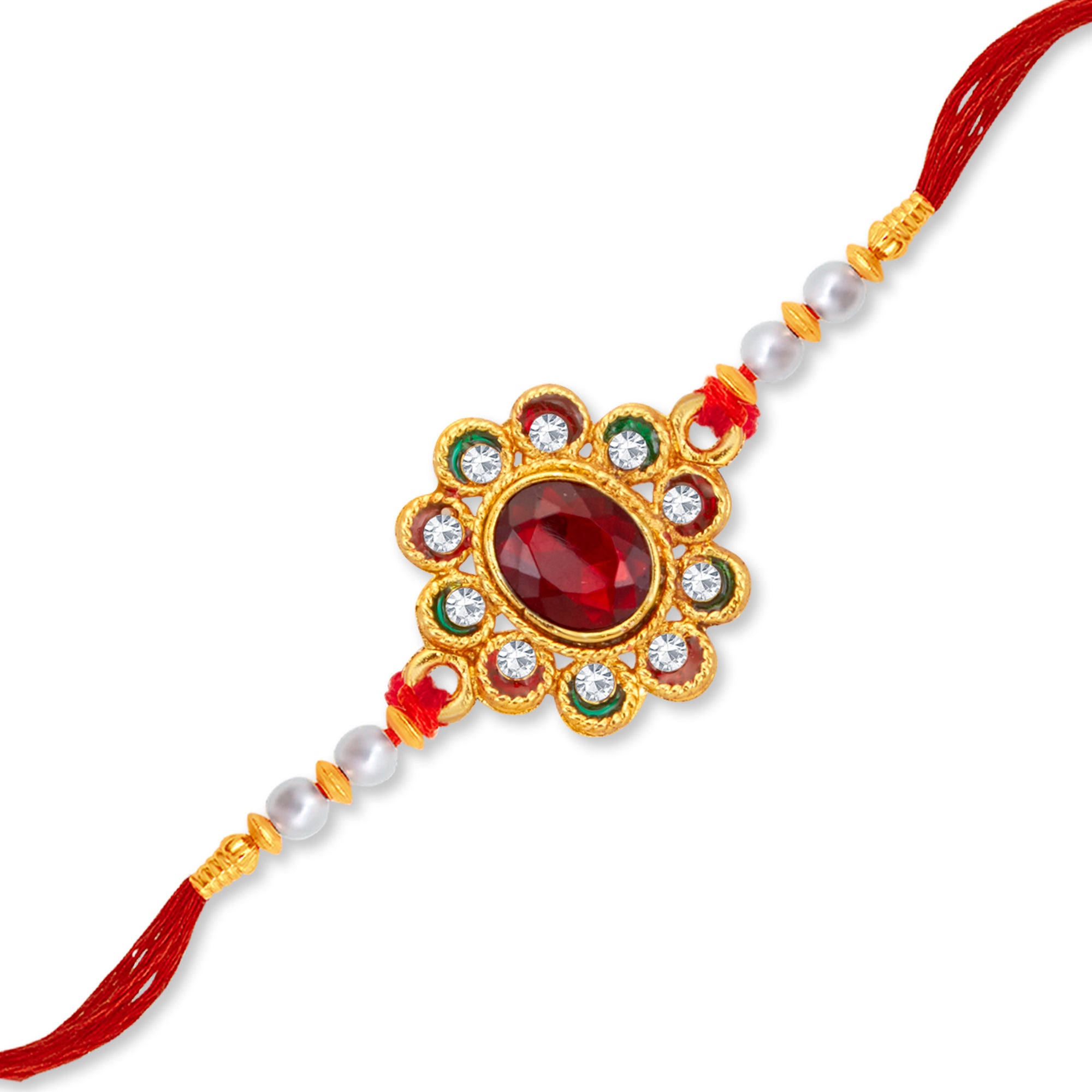 Sukkhi Glorious Gold Plated Floral Meenakari Rakhi with Roli Chawal and Raksha Bandhan Greeting Card For Men