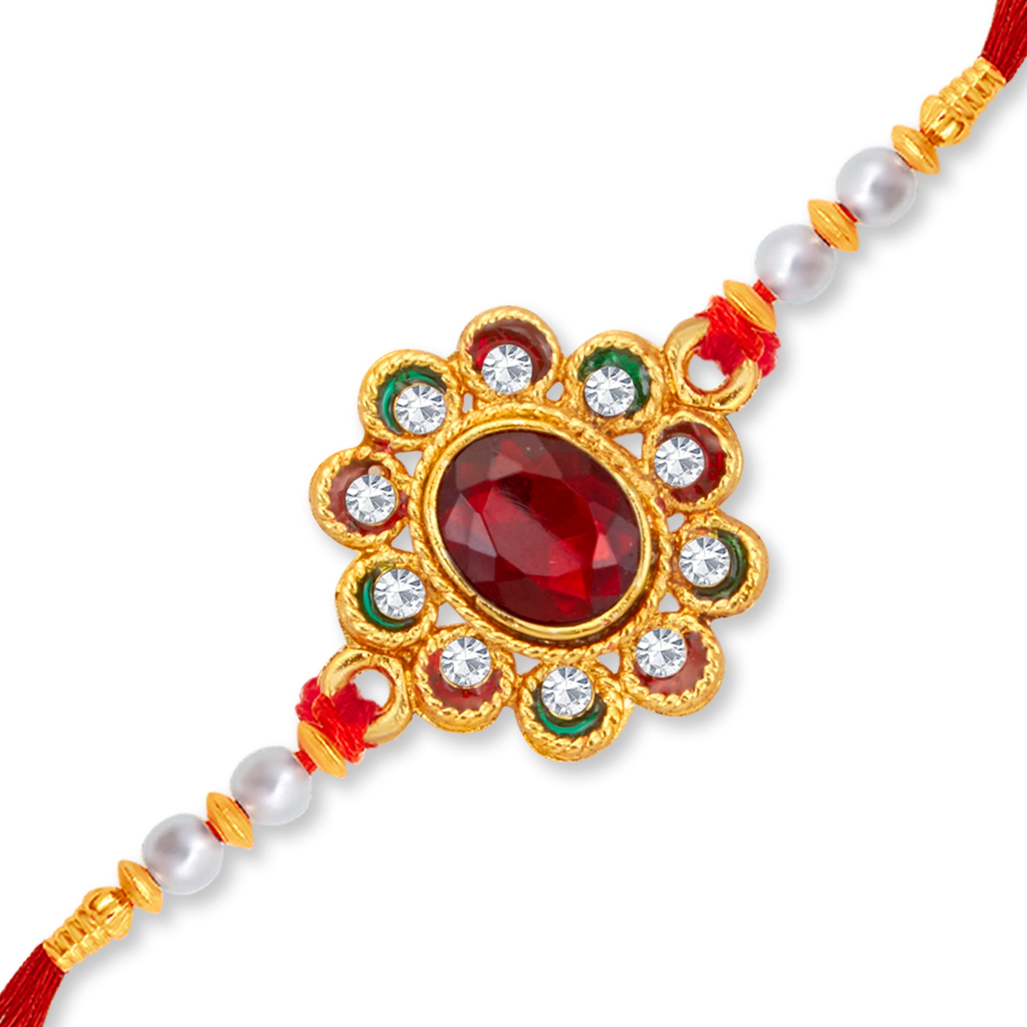 Sukkhi Glorious Gold Plated Floral Meenakari Rakhi with Roli Chawal and Raksha Bandhan Greeting Card For Men