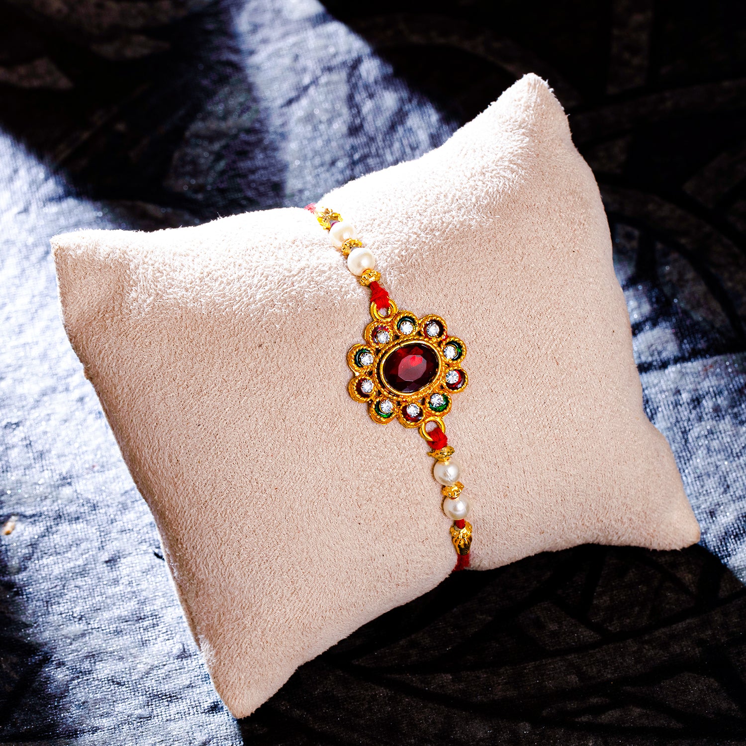 Sukkhi Glorious Gold Plated Floral Meenakari Rakhi with Roli Chawal and Raksha Bandhan Greeting Card For Men