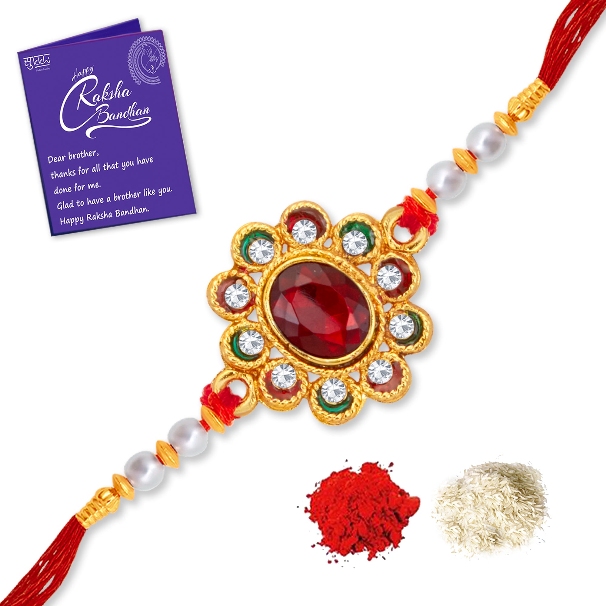 Sukkhi Glorious Gold Plated Floral Meenakari Rakhi with Roli Chawal and Raksha Bandhan Greeting Card For Men