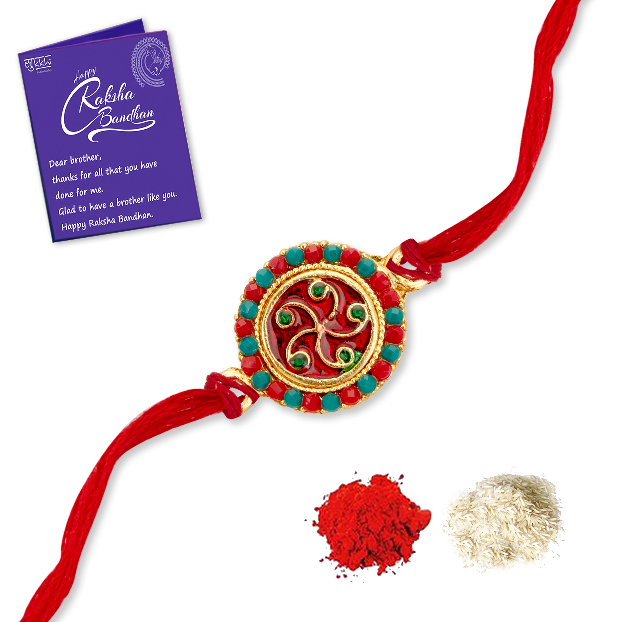 Sukkhi Glossy Gold Plated Floral Meenakari Rakhi with Roli Chawal and Raksha Bandhan Greeting Card For Men