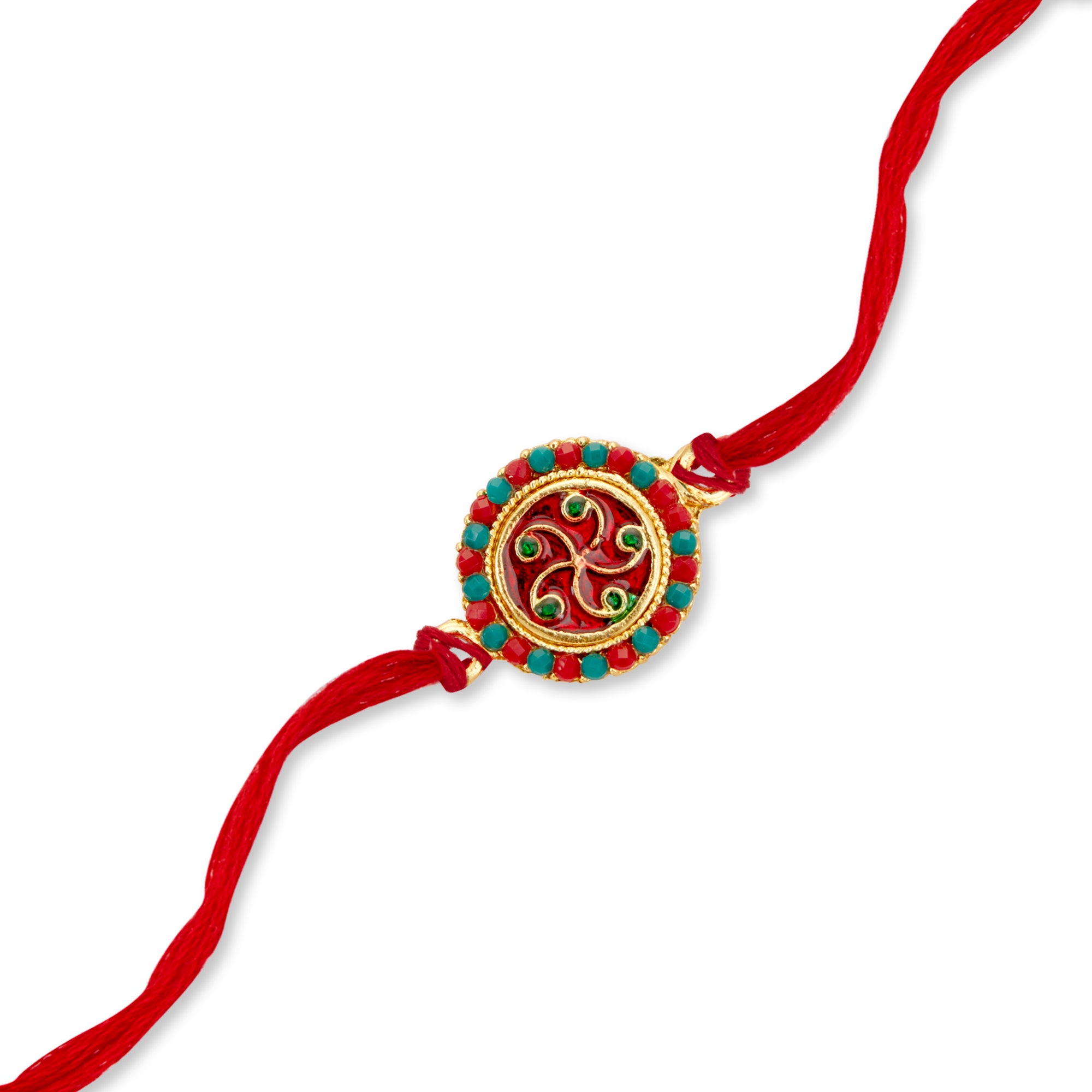 Sukkhi Glossy Gold Plated Floral Meenakari Rakhi with Roli Chawal and Raksha Bandhan Greeting Card For Men