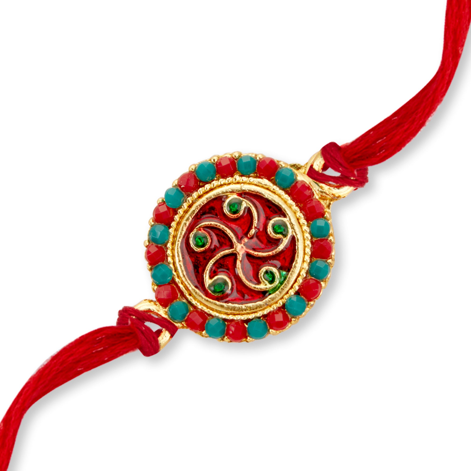 Sukkhi Glossy Gold Plated Floral Meenakari Rakhi with Roli Chawal and Raksha Bandhan Greeting Card For Men