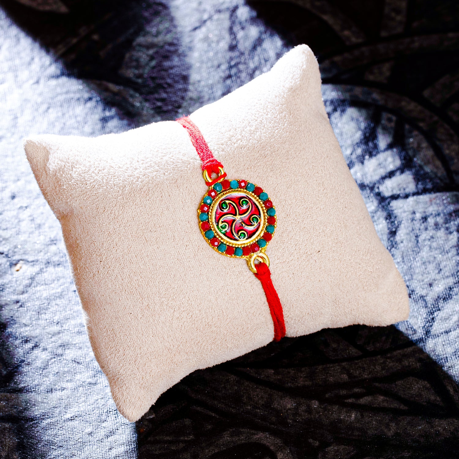 Sukkhi Glossy Gold Plated Floral Meenakari Rakhi with Roli Chawal and Raksha Bandhan Greeting Card For Men