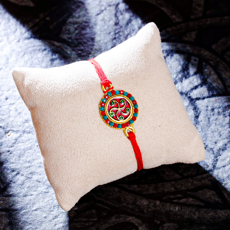 Sukkhi Glossy Gold Plated Floral Meenakari Rakhi with Roli Chawal and Raksha Bandhan Greeting Card For Men