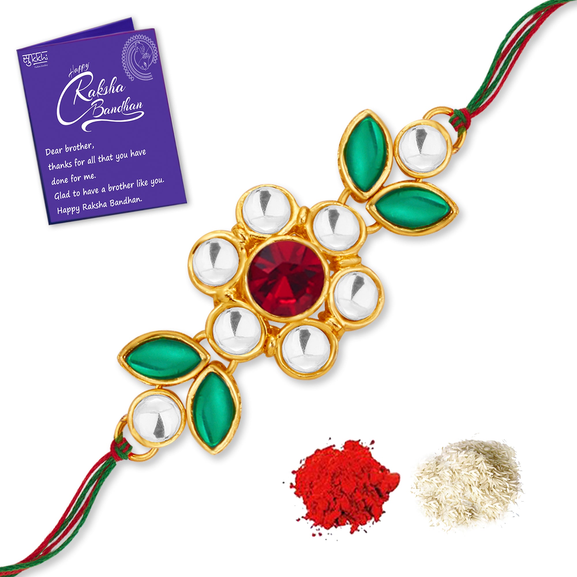 Sukkhi Delightful Gold Plated Floral Rakhi with Roli Chawal and Raksha Bandhan Greeting Card For Men