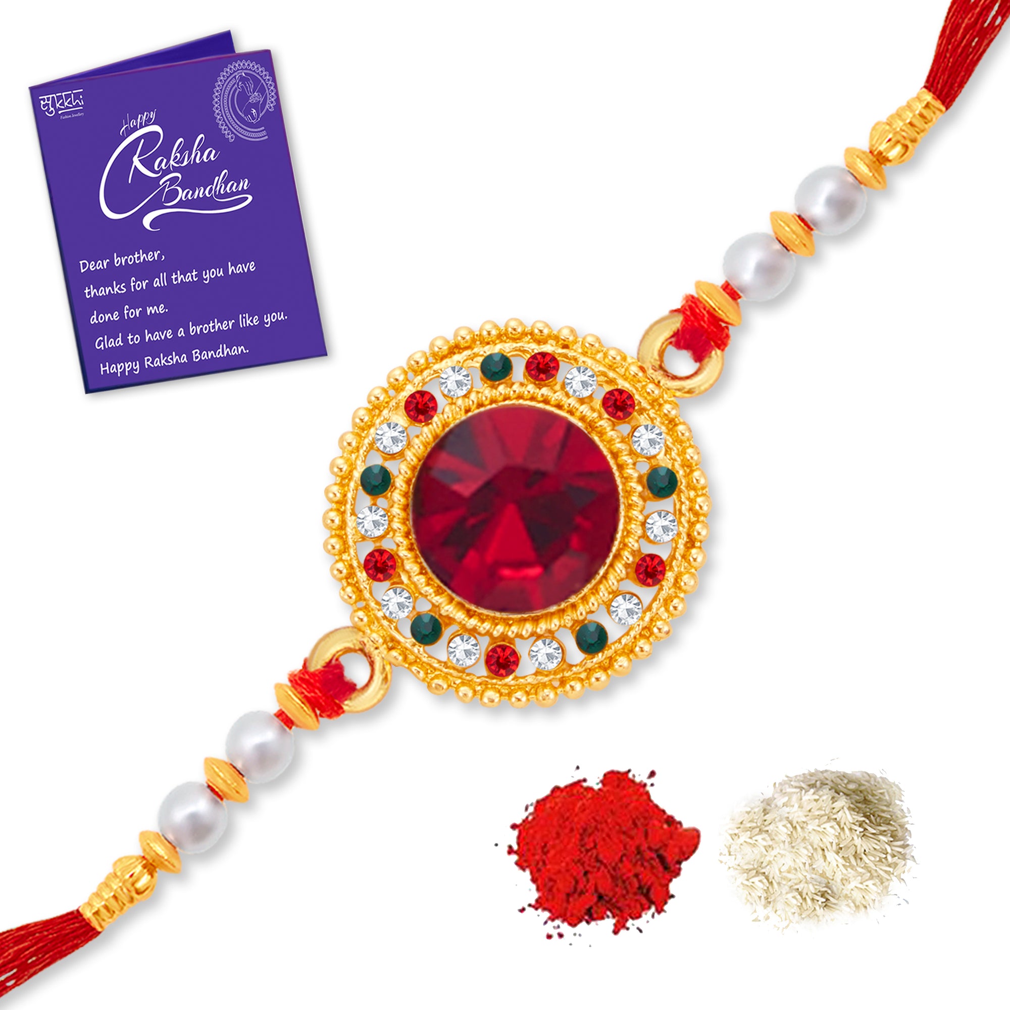 Sukkhi Elegant Gold Plated Rakhi with Roli Chawal and Raksha Bandhan Greeting Card For Men