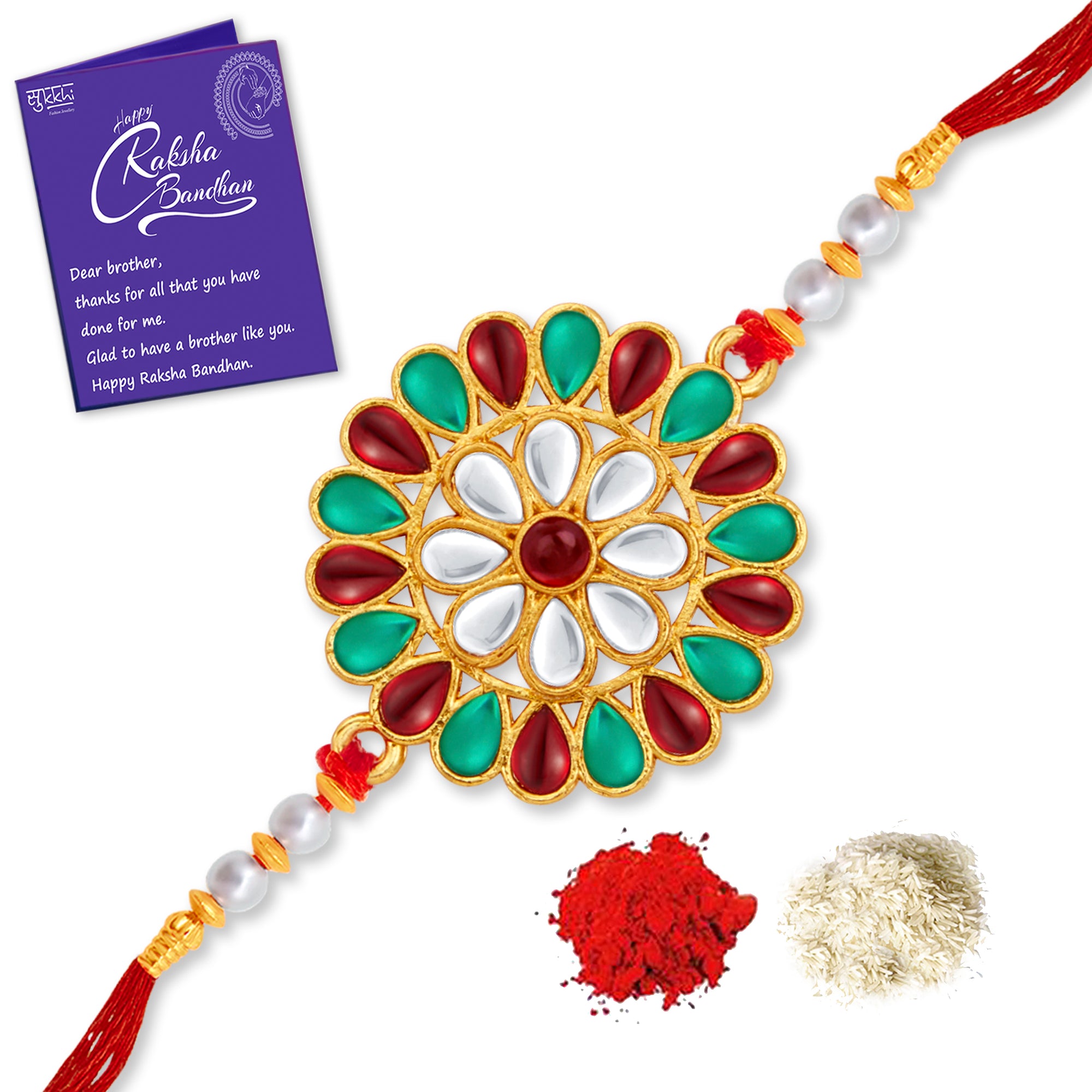 Sukkhi Ethnic Gold Plated Floral Rakhi with Roli Chawal and Raksha Bandhan Greeting Card For Men