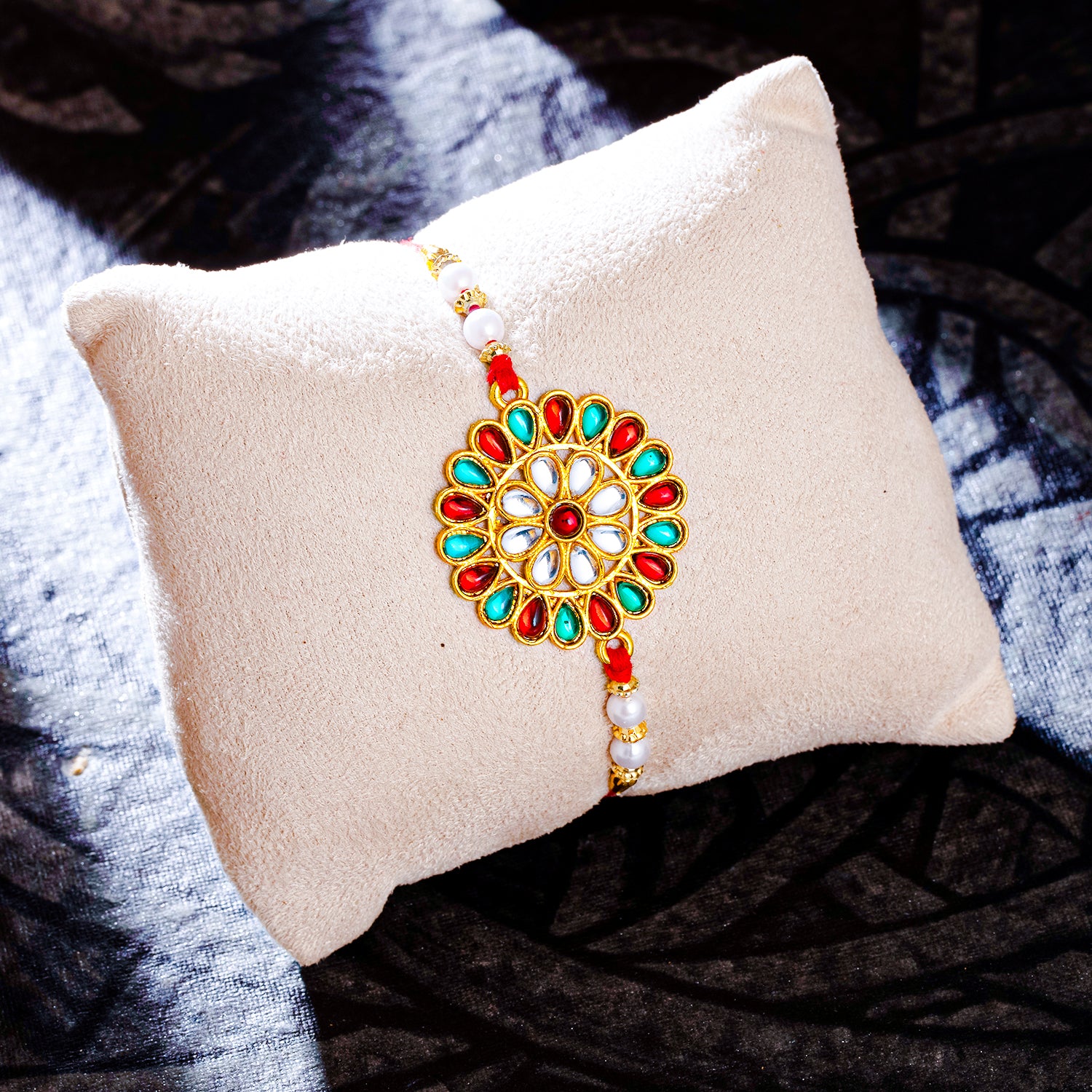 Sukkhi Ethnic Gold Plated Floral Rakhi with Roli Chawal and Raksha Bandhan Greeting Card For Men