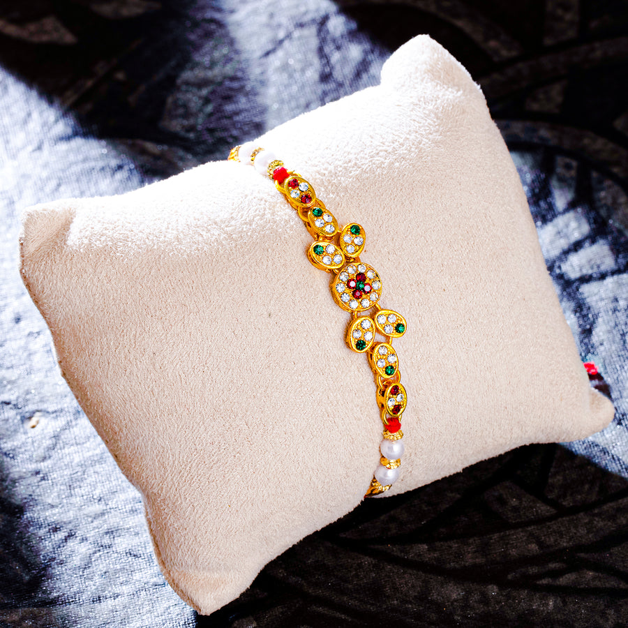 Sukkhi Fancy Gold Plated Rakhi with Roli Chawal and Raksha Bandhan Greeting Card For Men