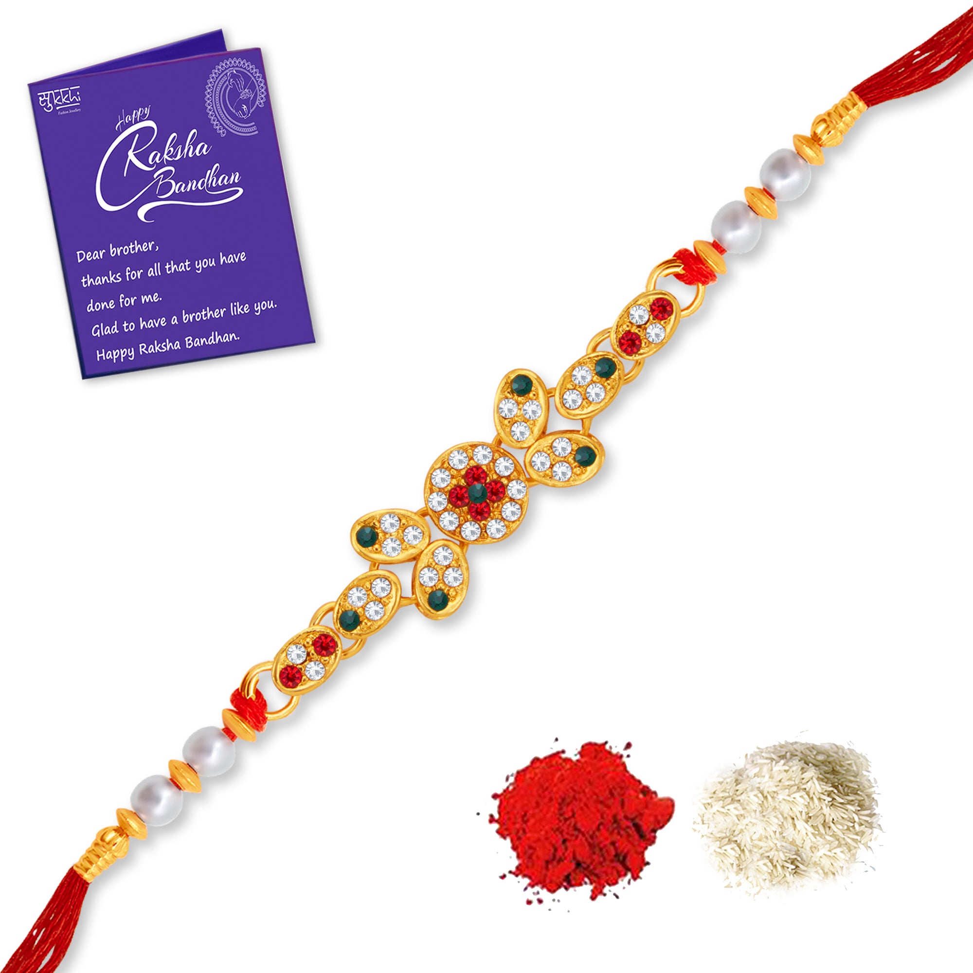 Sukkhi Fancy Gold Plated Rakhi with Roli Chawal and Raksha Bandhan Greeting Card For Men