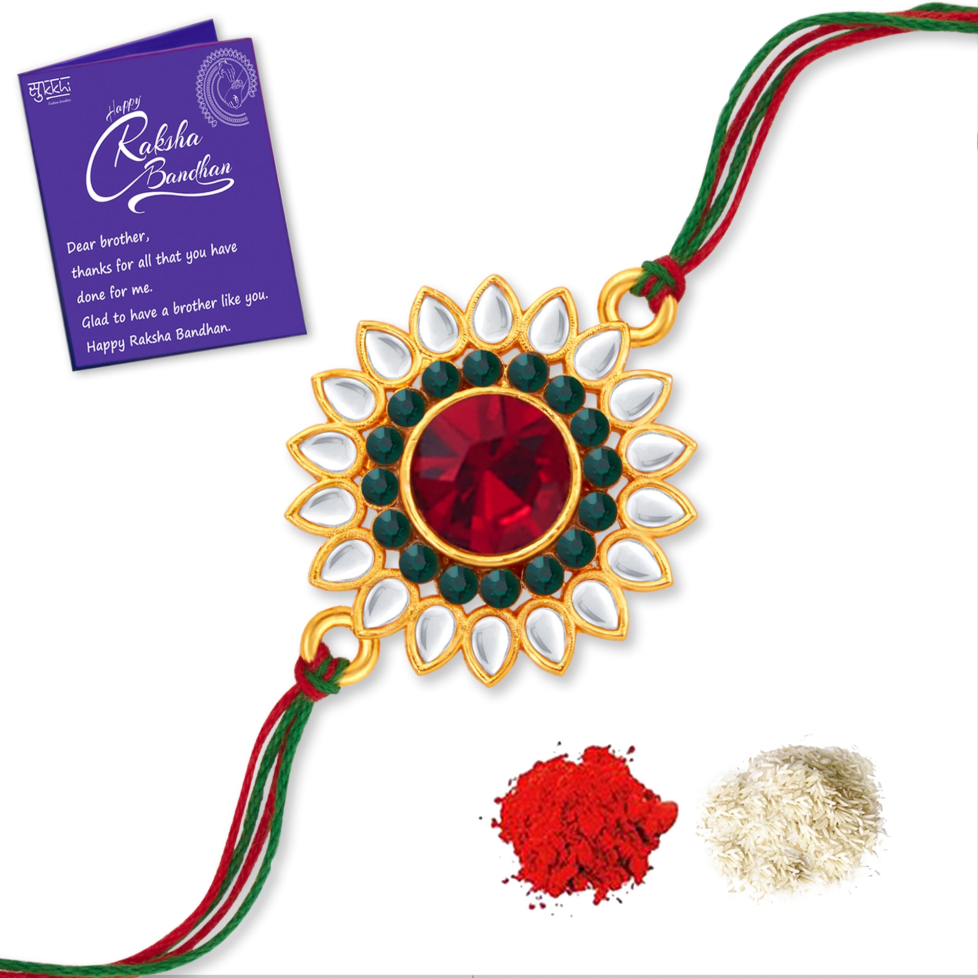 Sukkhi Glemaing Gold Plated Floral Rakhi with Roli Chawal and Raksha Bandhan Greeting Card For Men