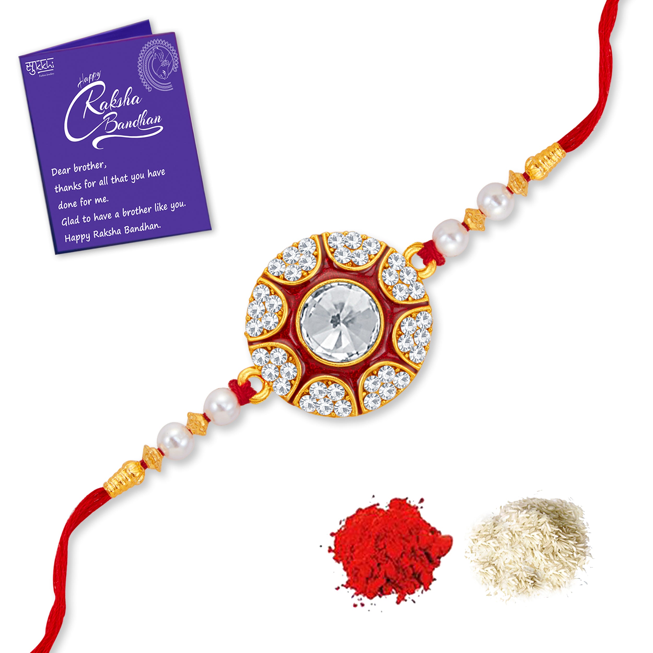 Sukkhi Glimmery Gold Plated Meenakari Rakhi with Roli Chawal and Raksha Bandhan Greeting Card For Men