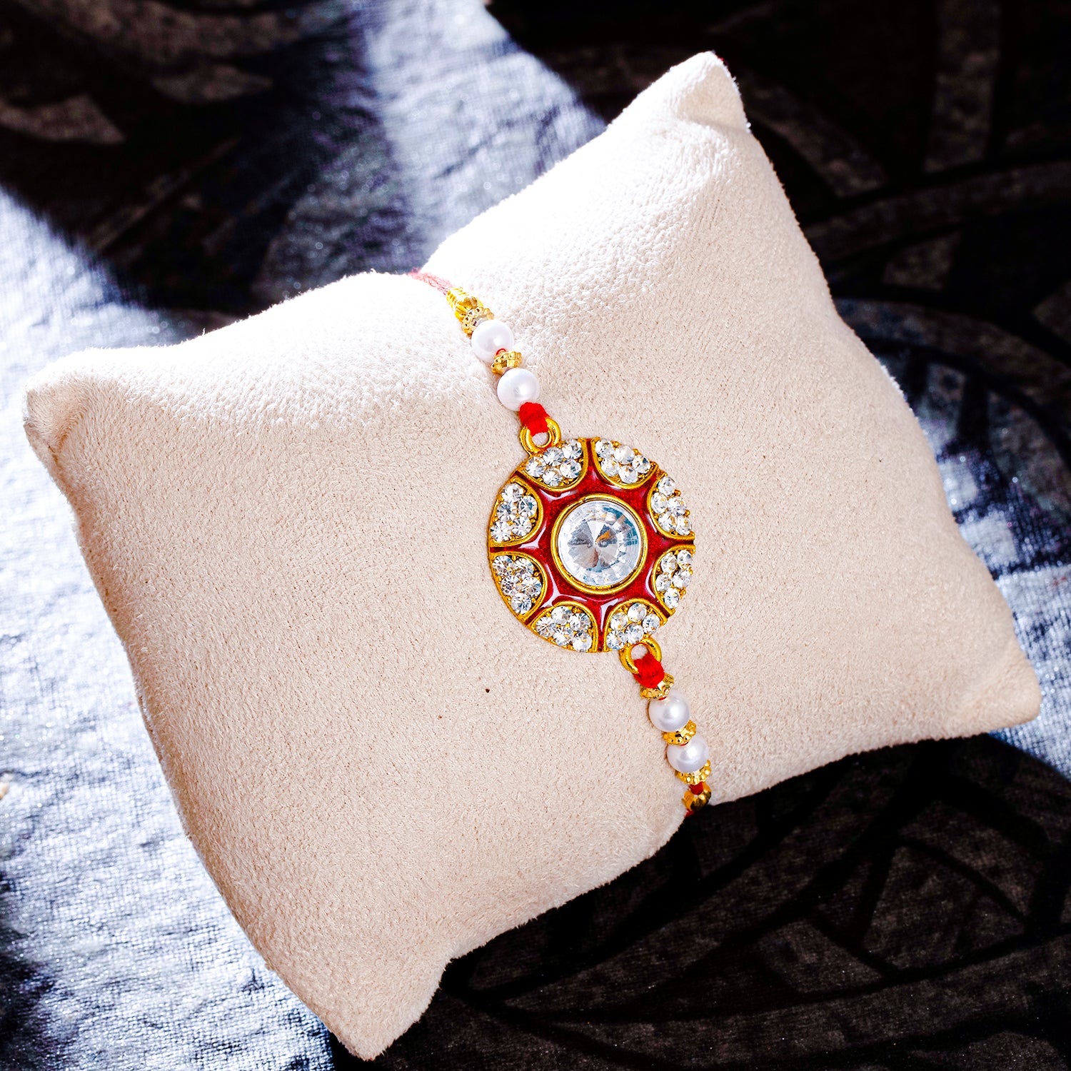 Sukkhi Glimmery Gold Plated Meenakari Rakhi with Roli Chawal and Raksha Bandhan Greeting Card For Men