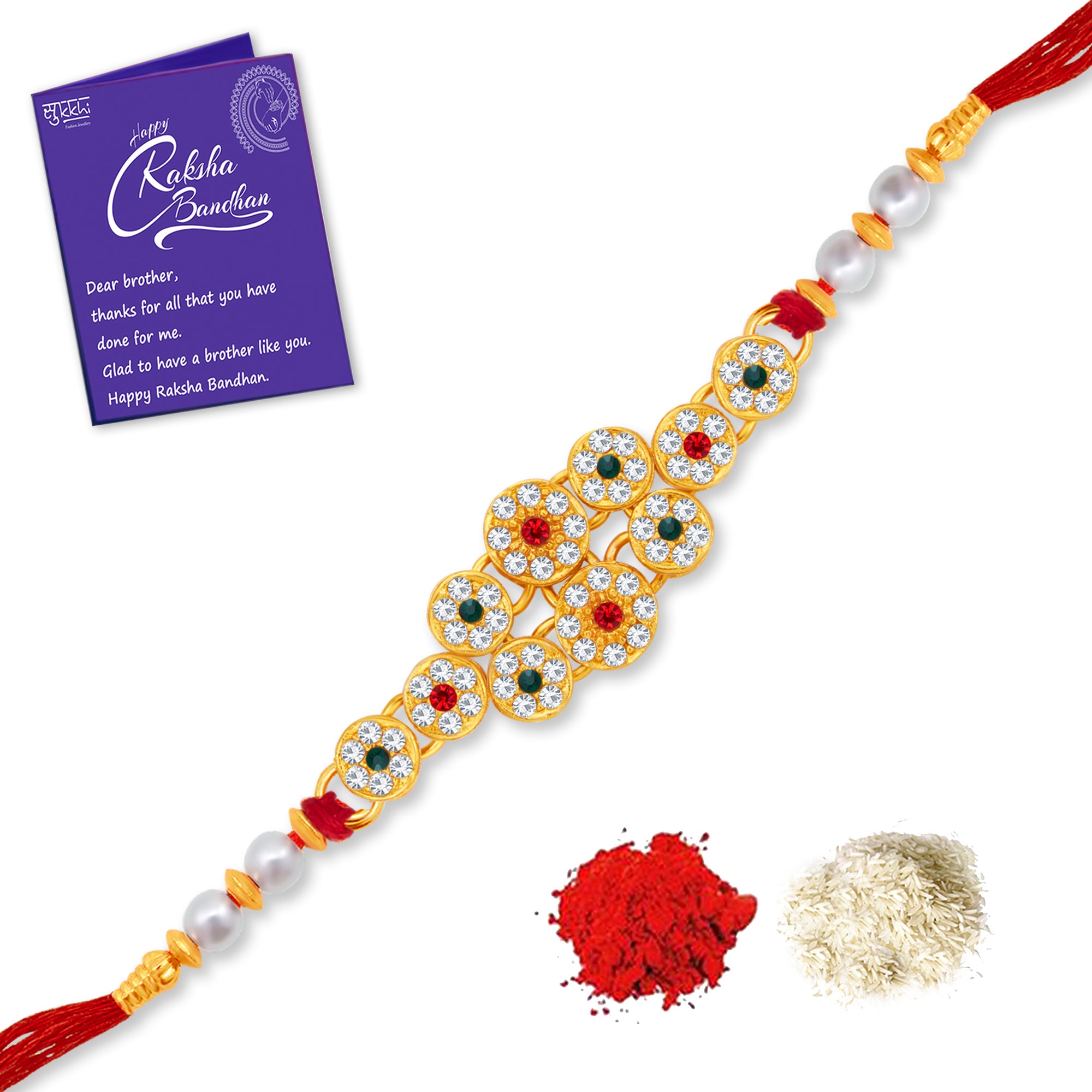 Sukkhi Glorious Gold Plated Rakhi with Roli Chawal and Raksha Bandhan Greeting Card For Men