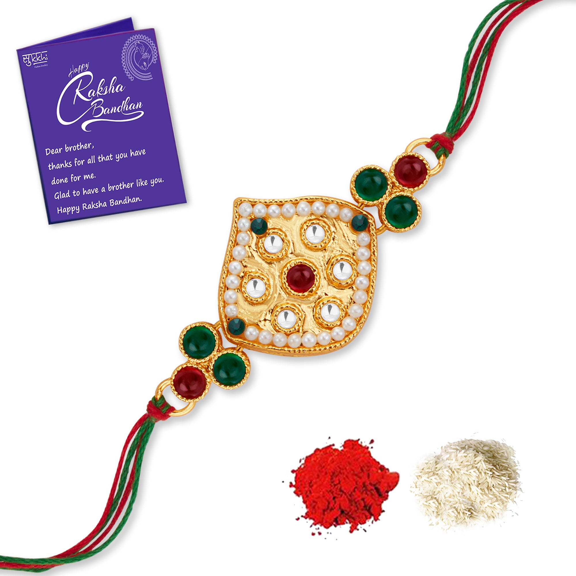Sukkhi Elegant Gold Plated Rakhi with Roli Chawal and Raksha Bandhan Greeting Card For Men