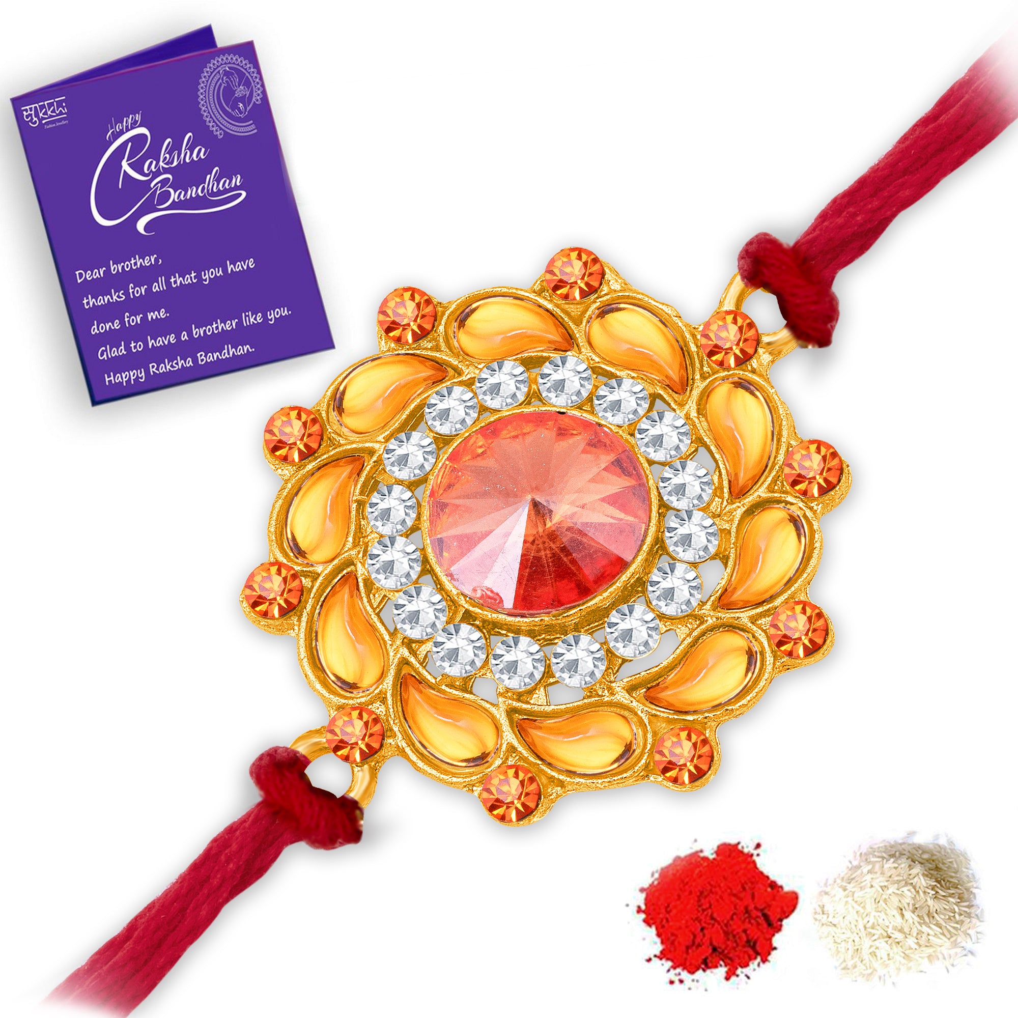 Sukkhi Traditional Gold Plated Floral Rakhi with Roli Chawal and Raksha Bandhan Greeting Card For Men