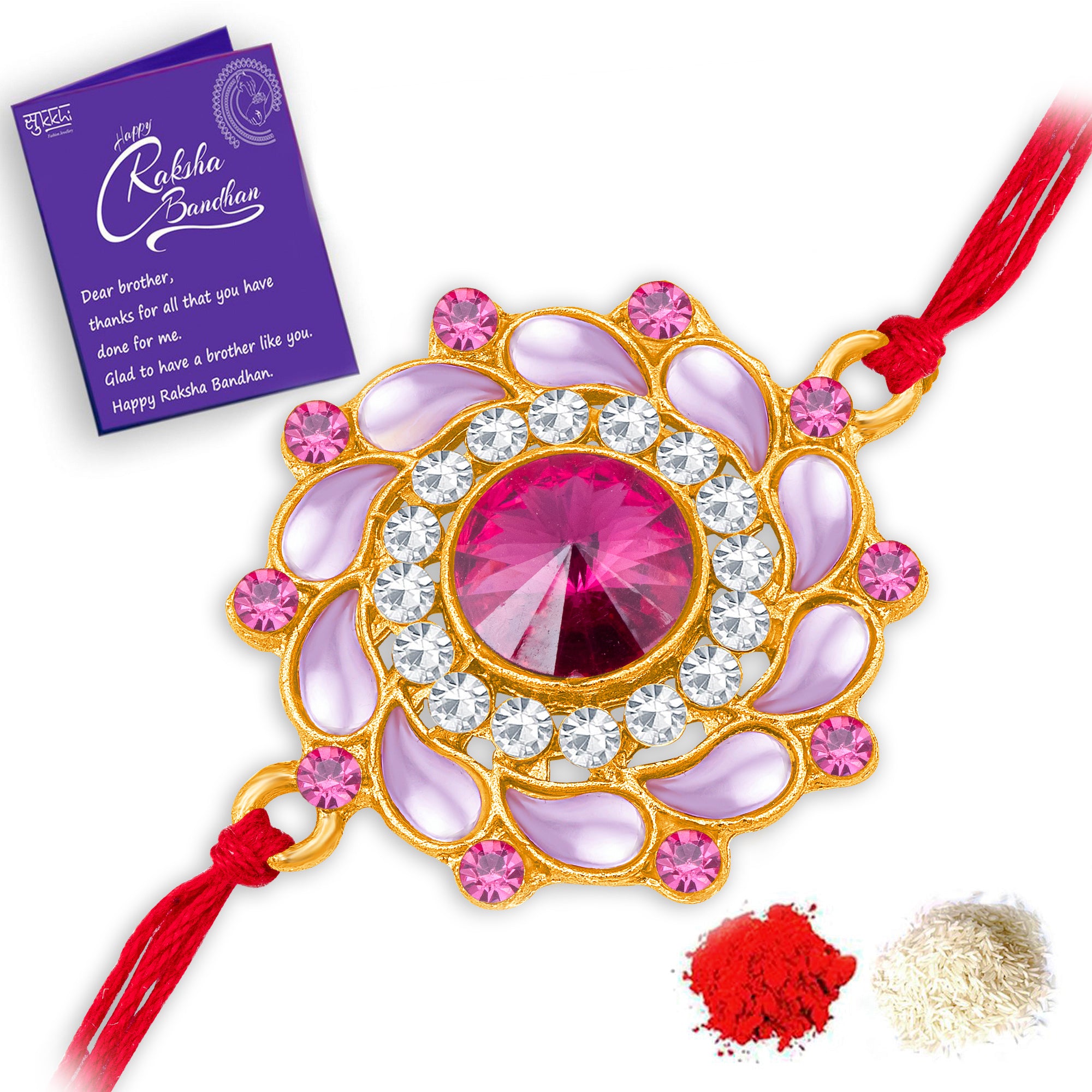 Sukkhi Delightful Gold Plated Floral Kundan Rakhi with Roli Chawal and Raksha Bandhan Greeting Card For Men