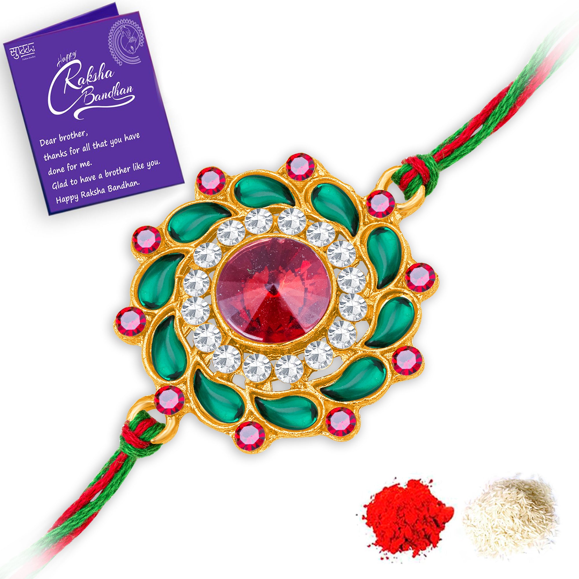 Sukkhi Delightful Gold Plated Floral Rakhi with Roli Chawal and Raksha Bandhan Greeting Card For Men
