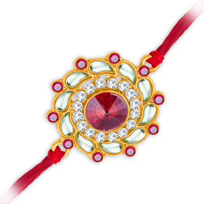 Sukkhi Fabulous Gold Plated Floral Kundan Rakhi with Roli Chawal and Raksha Bandhan Greeting Card For Men