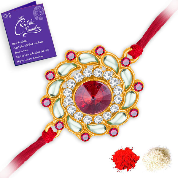 Sukkhi Designer Kundan Pearl Rakhi Set For Brother – Gold Plated, With Roli Chawal & Card (Set Of 2) - View #5