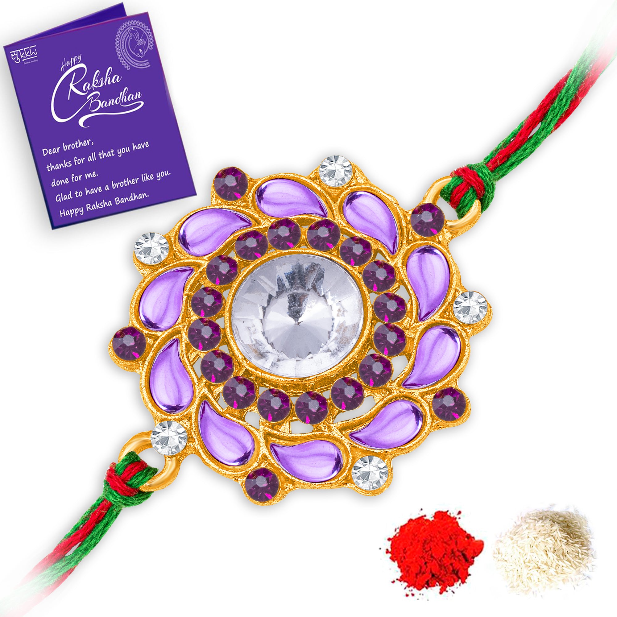 Sukkhi Classy Gold Plated Floral Rakhi with Roli Chawal and Raksha Bandhan Greeting Card For Men