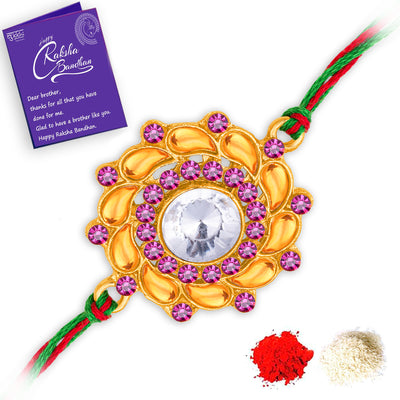 Sukkhi Ethnic Gold Plated Floral Rakhi with Roli Chawal and Raksha Bandhan Greeting Card For Men