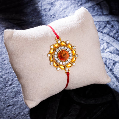 Sukkhi Lavish Gold Plated Floral Rakhi with Roli Chawal and Raksha Bandhan Greeting Card For Men