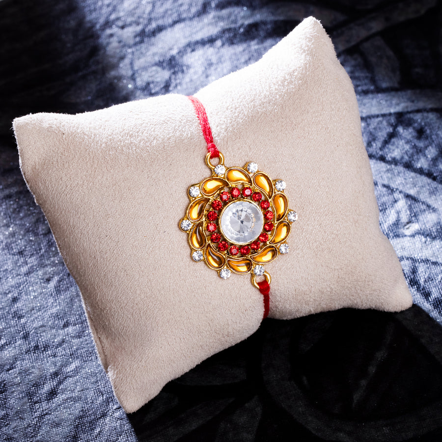 Sukkhi Incrediable Gold Plated Floral Rakhi with Roli Chawal and Raksha Bandhan Greeting Card For Men