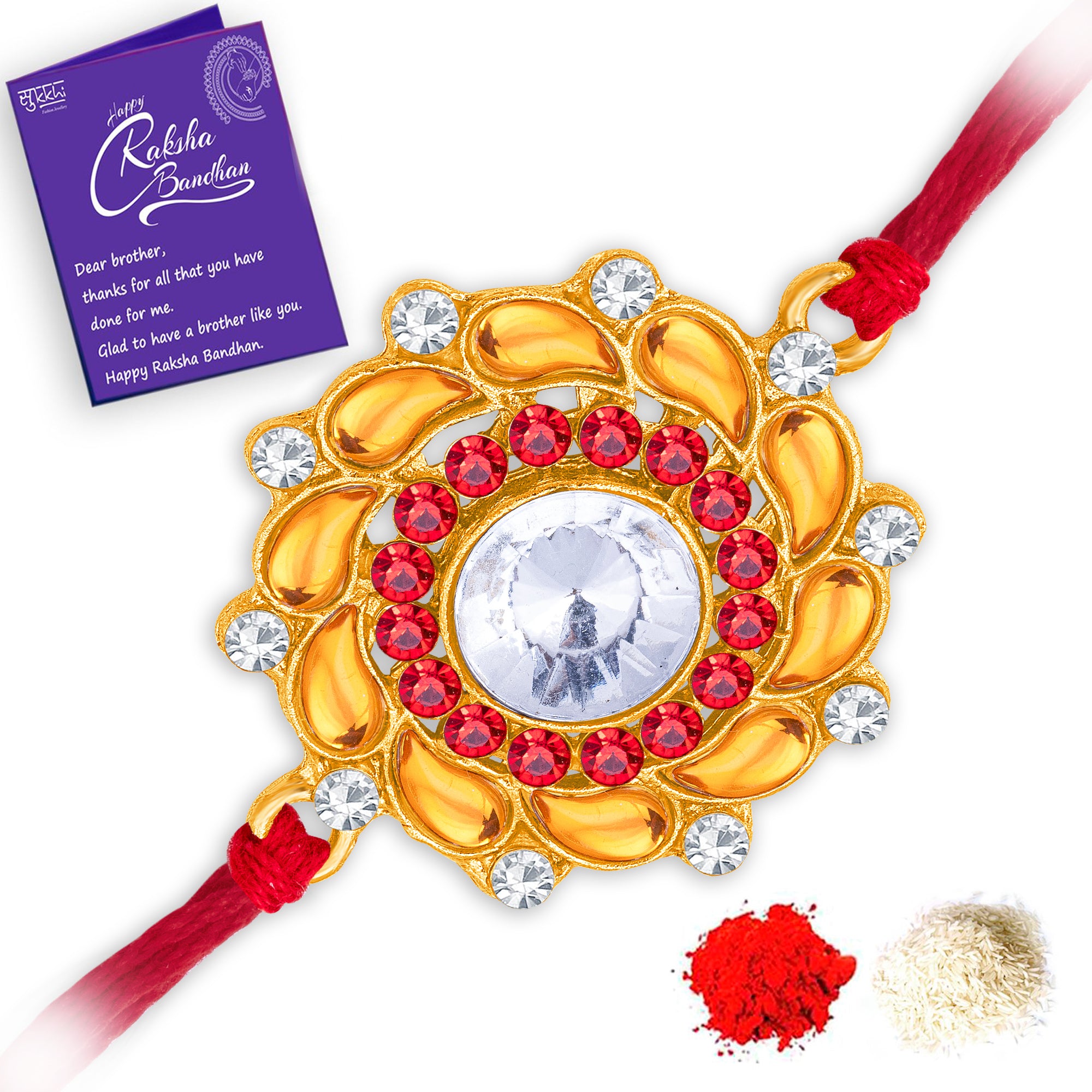 Sukkhi Incrediable Gold Plated Floral Rakhi with Roli Chawal and Raksha Bandhan Greeting Card For Men