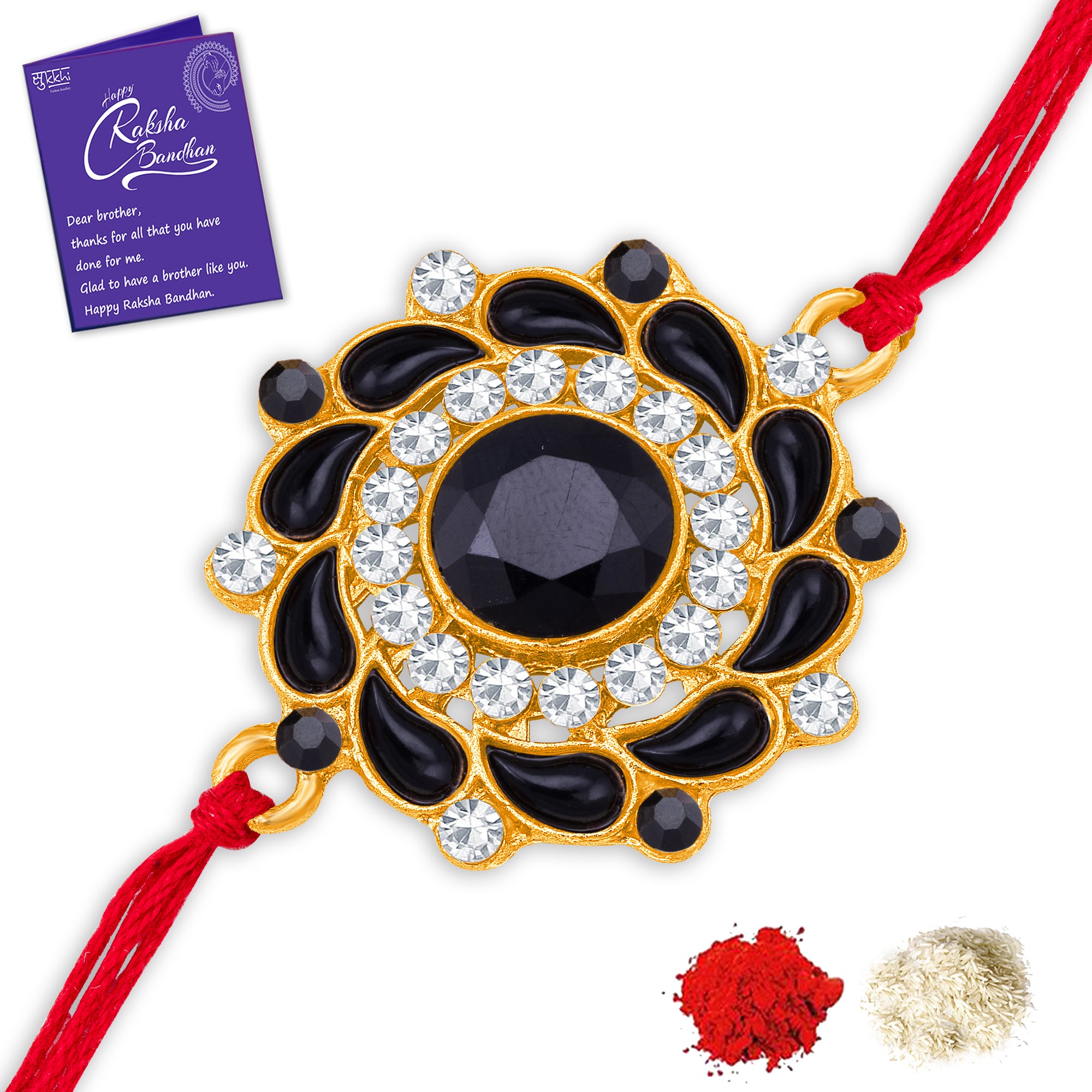 Sukkhi Elegant Gold Plated Floral Rakhi with Roli Chawal and Raksha Bandhan Greeting Card For Men