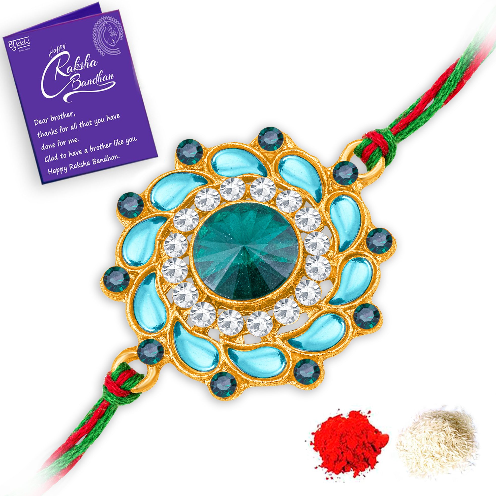 Sukkhi Attractive Gold Plated Floral Rakhi with Roli Chawal and Raksha Bandhan Greeting Card For Men