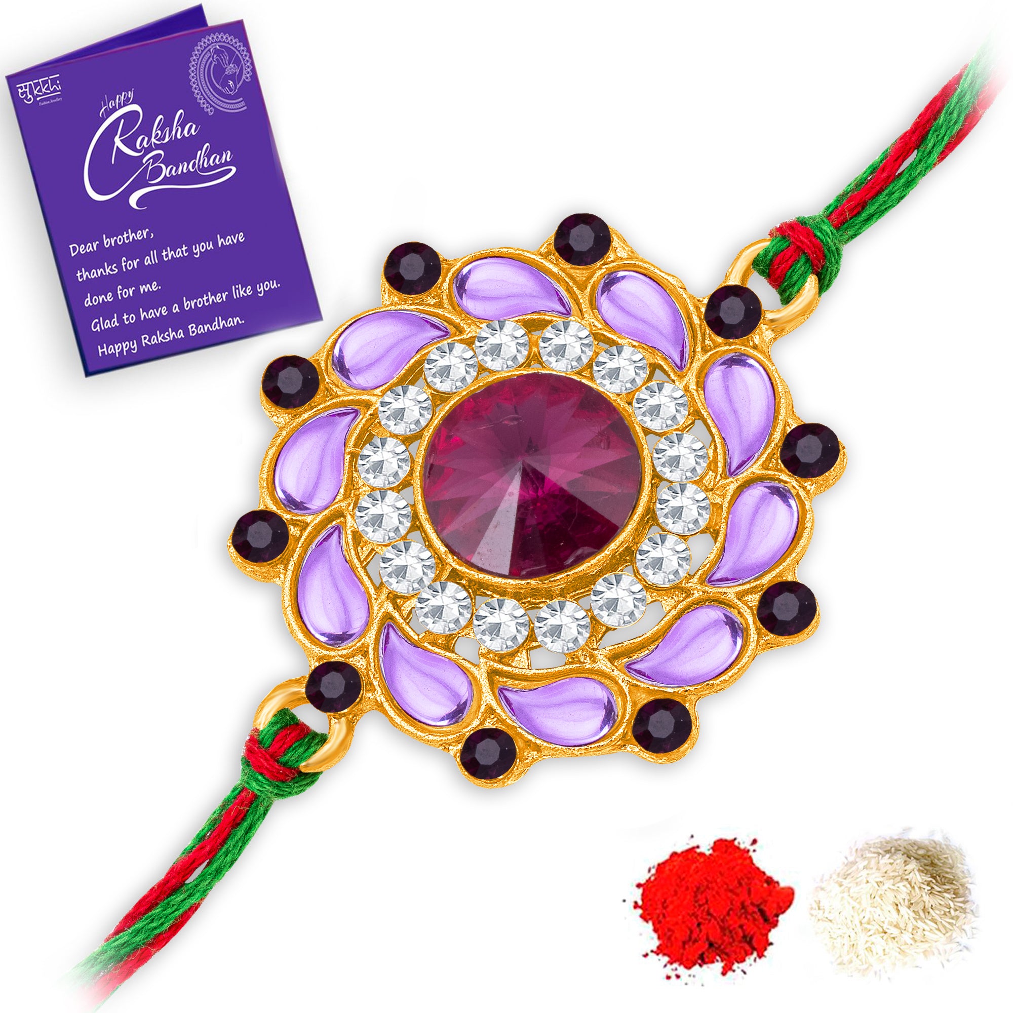 Sukkhi Beautiful Gold Plated Floral Rakhi with Roli Chawal and Raksha Bandhan Greeting Card For Men