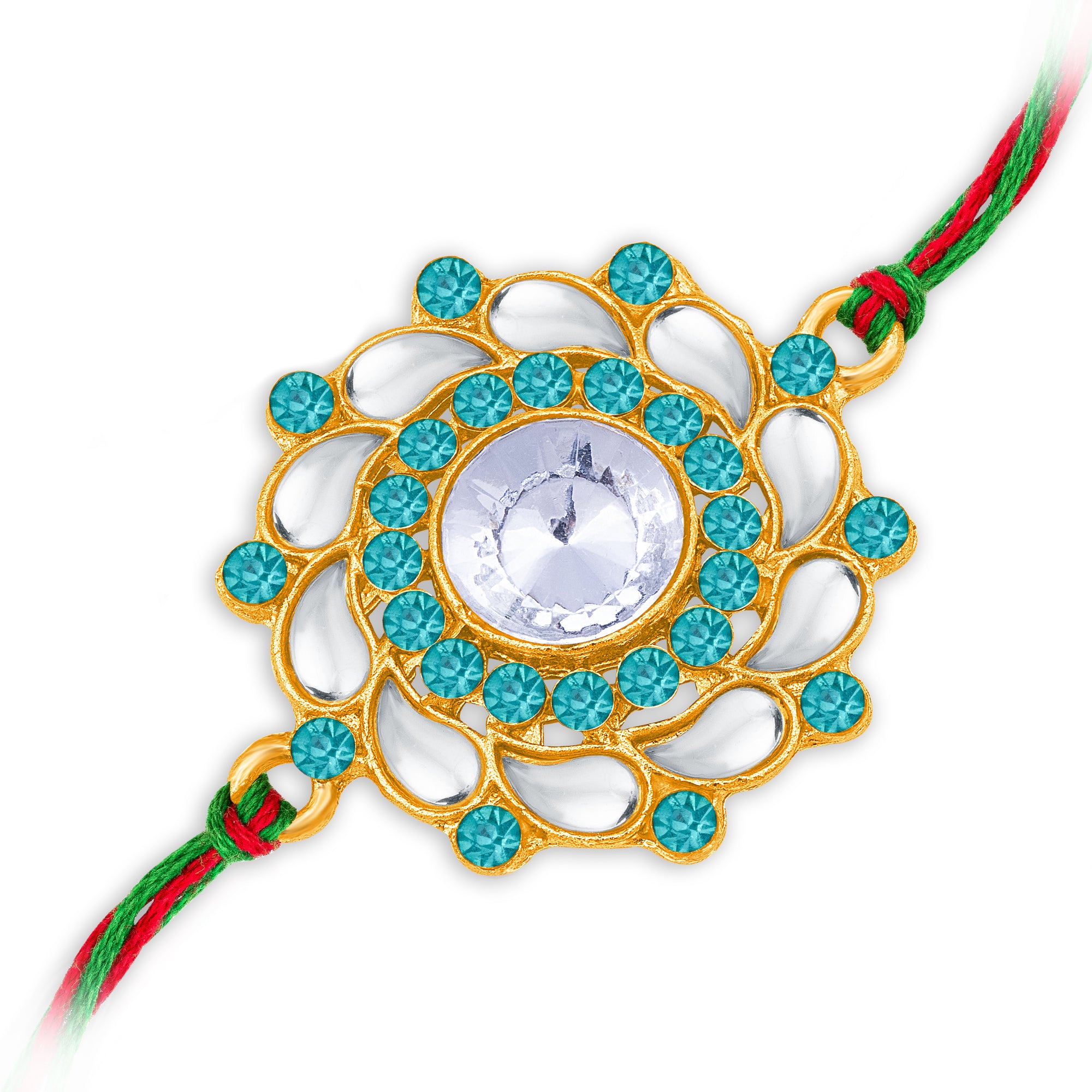 Sukkhi Brilliant Gold Plated Floral Kundan Rakhi with Roli Chawal and Raksha Bandhan Greeting Card For Men