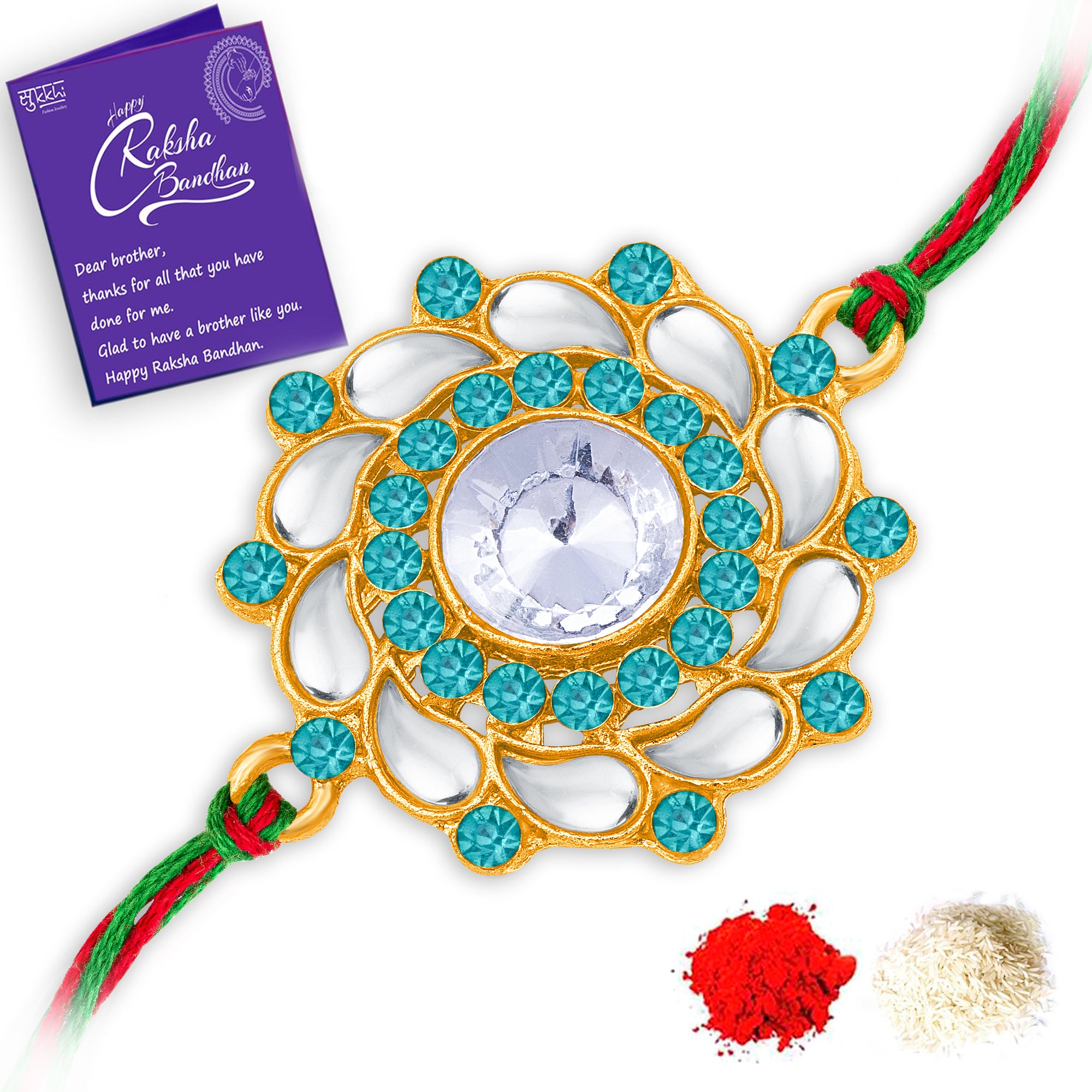Sukkhi Brilliant Gold Plated Floral Kundan Rakhi with Roli Chawal and Raksha Bandhan Greeting Card For Men