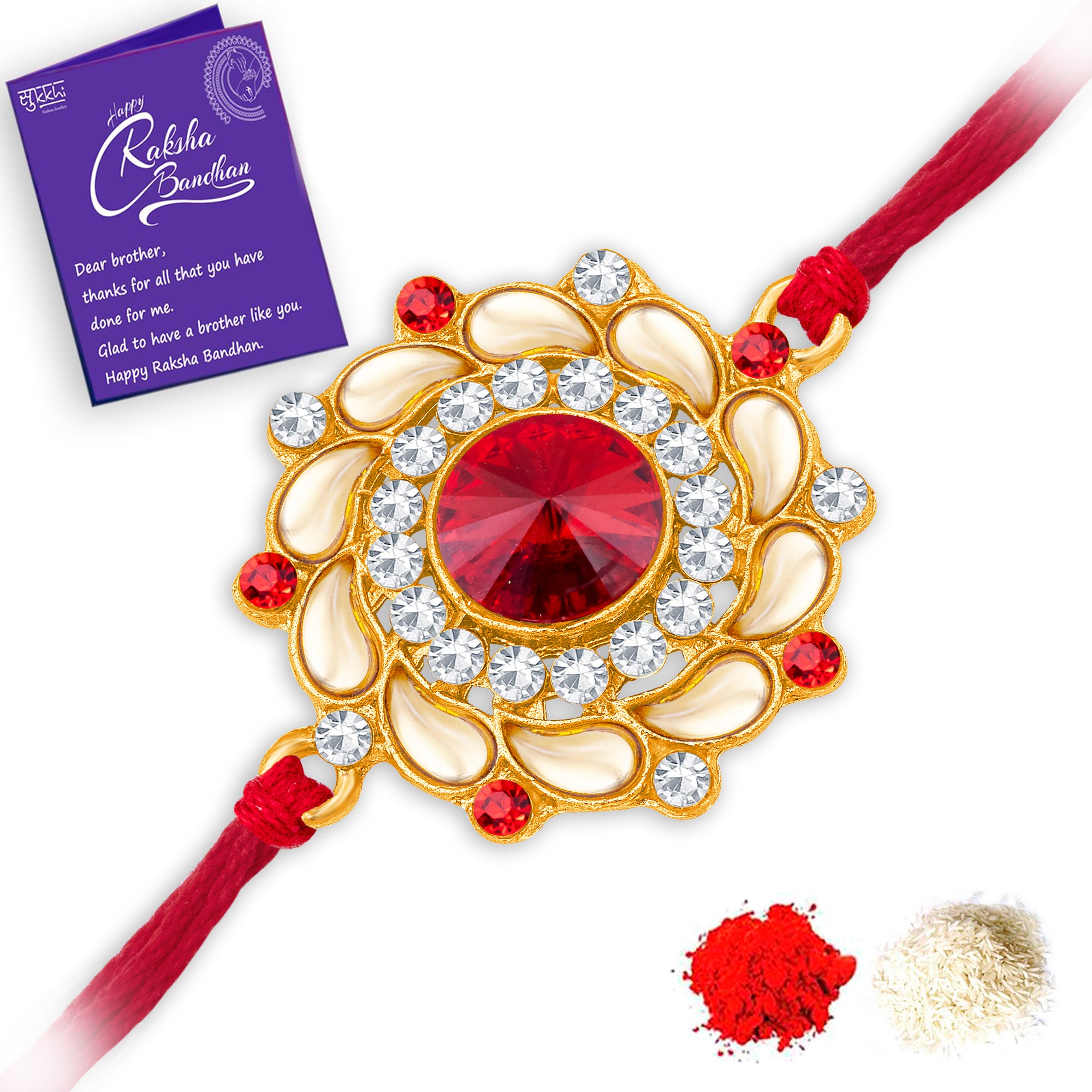 Sukkhi Amazing Gold Plated Floral Rakhi with Roli Chawal and Raksha Bandhan Greeting Card For Men