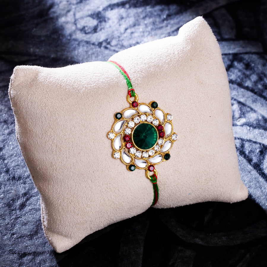 Sukkhi Trendy Gold Plated Floral Rakhi with Roli Chawal and Raksha Bandhan Greeting Card For Men