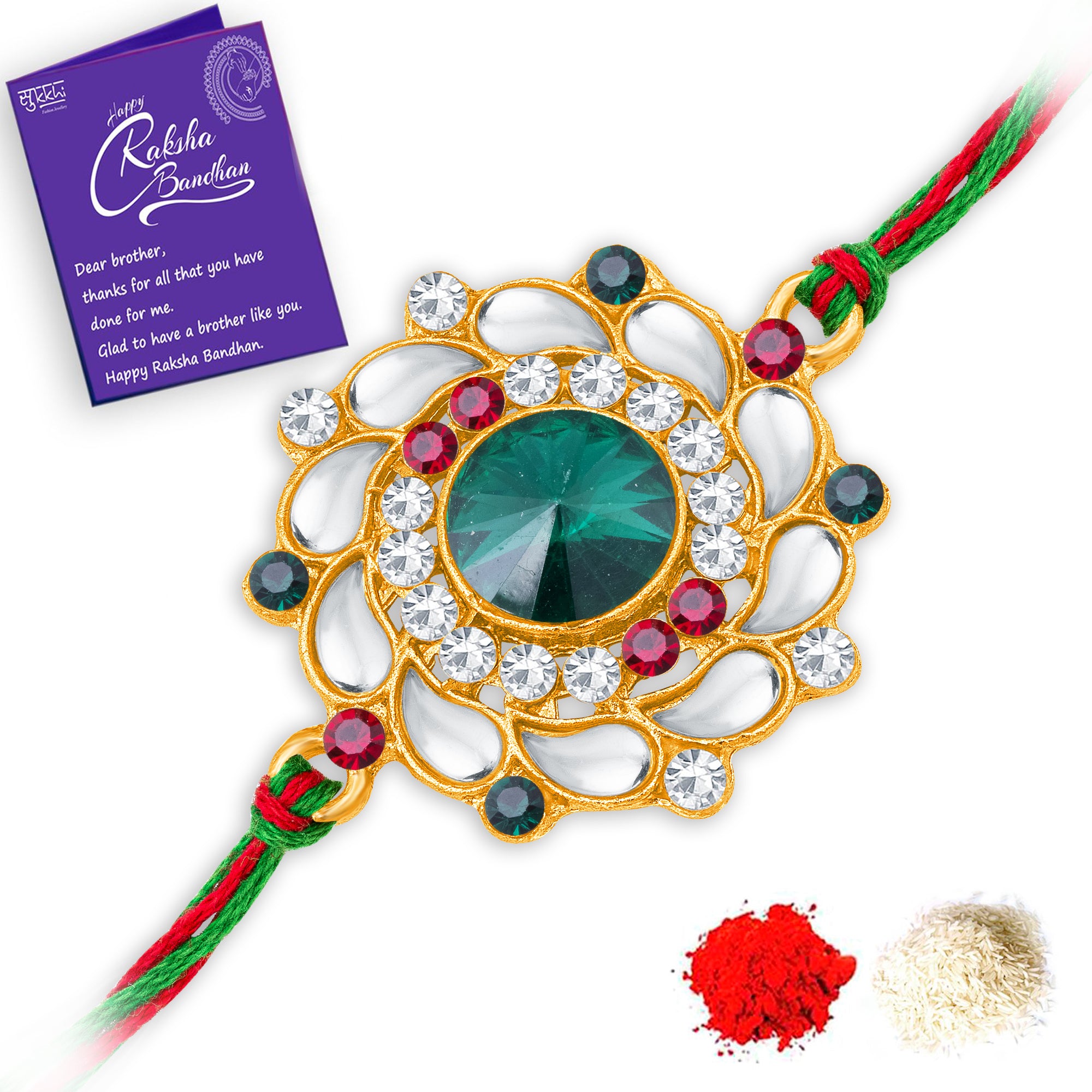Sukkhi Trendy Gold Plated Floral Rakhi with Roli Chawal and Raksha Bandhan Greeting Card For Men