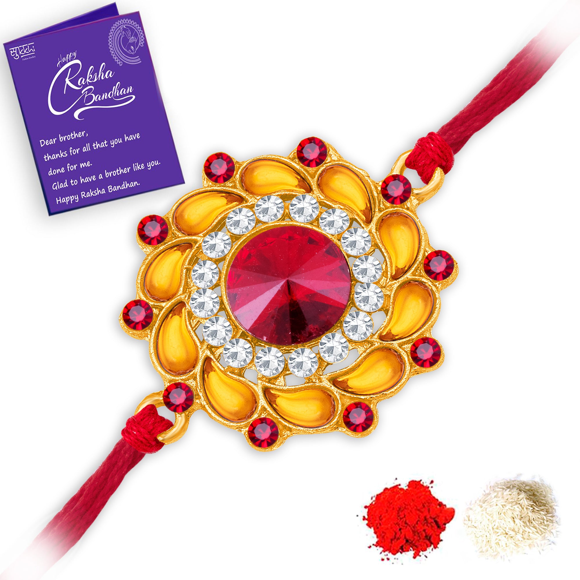 Sukkhi Marvelous Gold Plated Floral Rakhi with Roli Chawal and Raksha Bandhan Greeting Card For Men