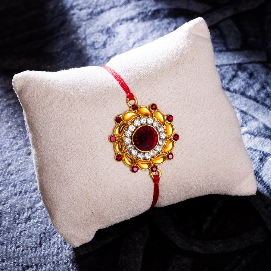 Sukkhi Marvelous Gold Plated Floral Rakhi with Roli Chawal and Raksha Bandhan Greeting Card For Men