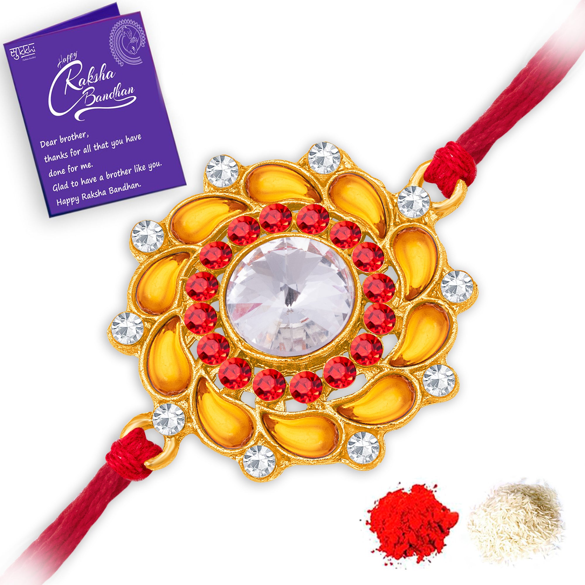 Sukkhi Lovely Gold Plated Floral Rakhi with Roli Chawal and Raksha Bandhan Greeting Card For Men