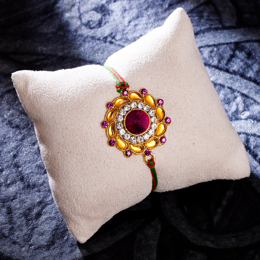 Sukkhi Trendy Gold Plated Floral Rakhi with Roli Chawal and Raksha Bandhan Greeting Card For Men