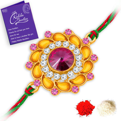 Sukkhi Trendy Gold Plated Floral Rakhi with Roli Chawal and Raksha Bandhan Greeting Card For Men