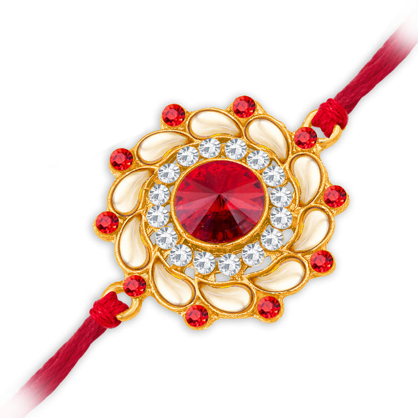 Sukkhi Glossy Gold Plated Floral Rakhi with Roli Chawal and Raksha Ban ...