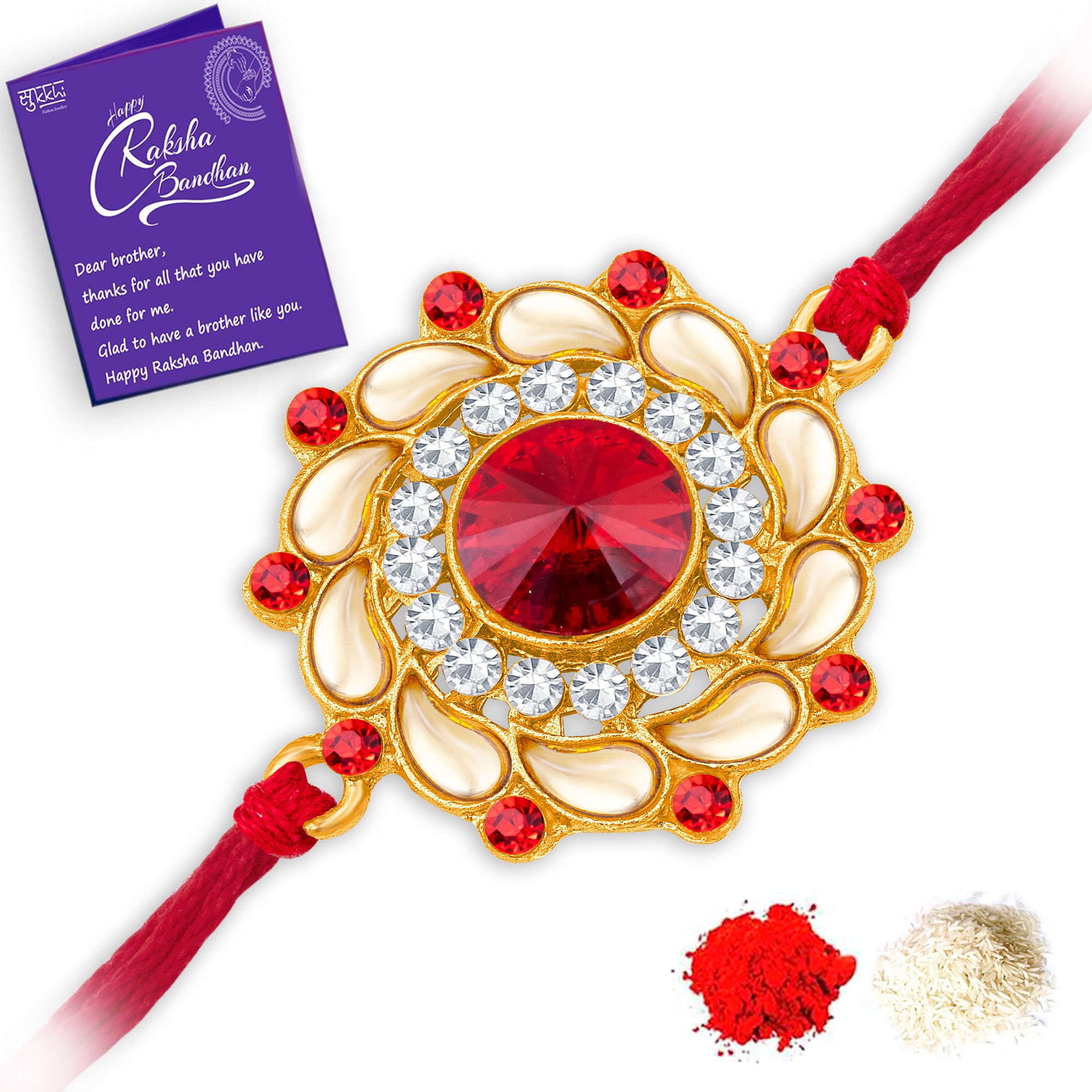 Sukkhi Glossy Gold Plated Floral Rakhi with Roli Chawal and Raksha Bandhan Greeting Card For Men