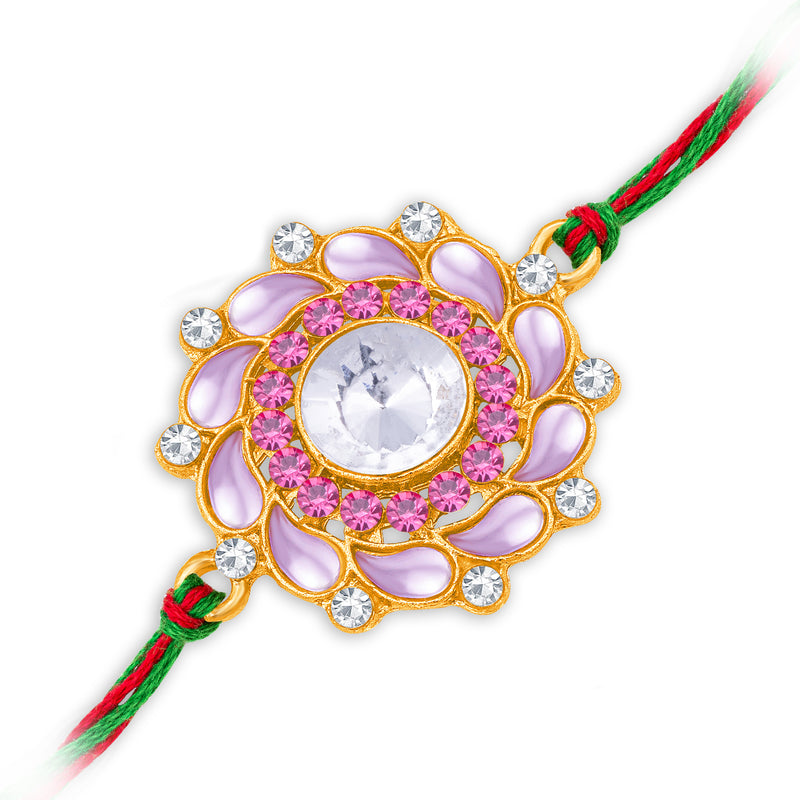 Sukkhi Classy Gold Plated Floral Rakhi with Roli Chawal and Raksha Ban ...