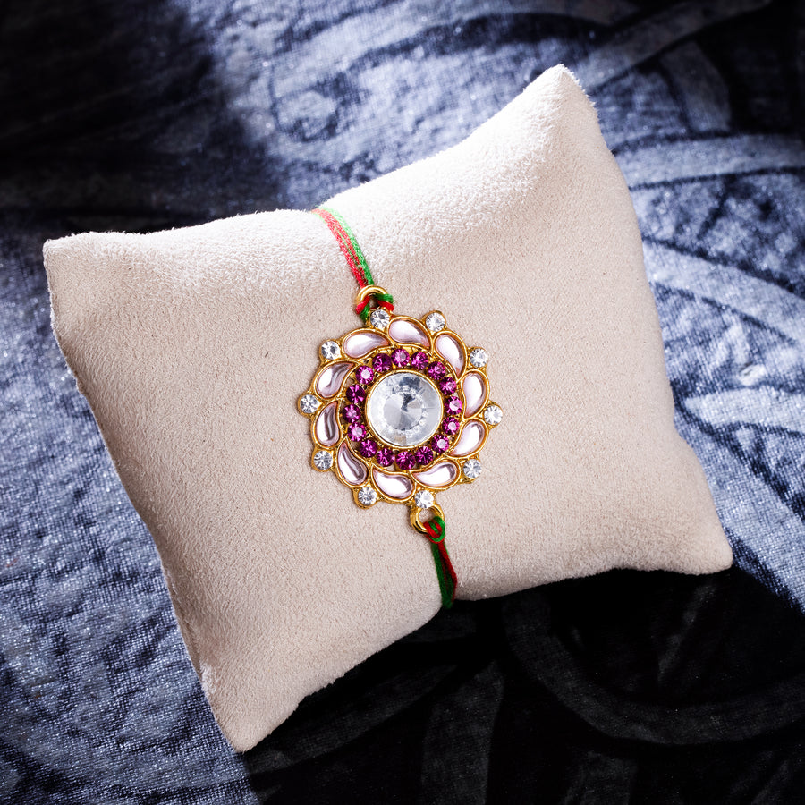 Sukkhi Classy Gold Plated Floral Rakhi with Roli Chawal and Raksha Bandhan Greeting Card For Men